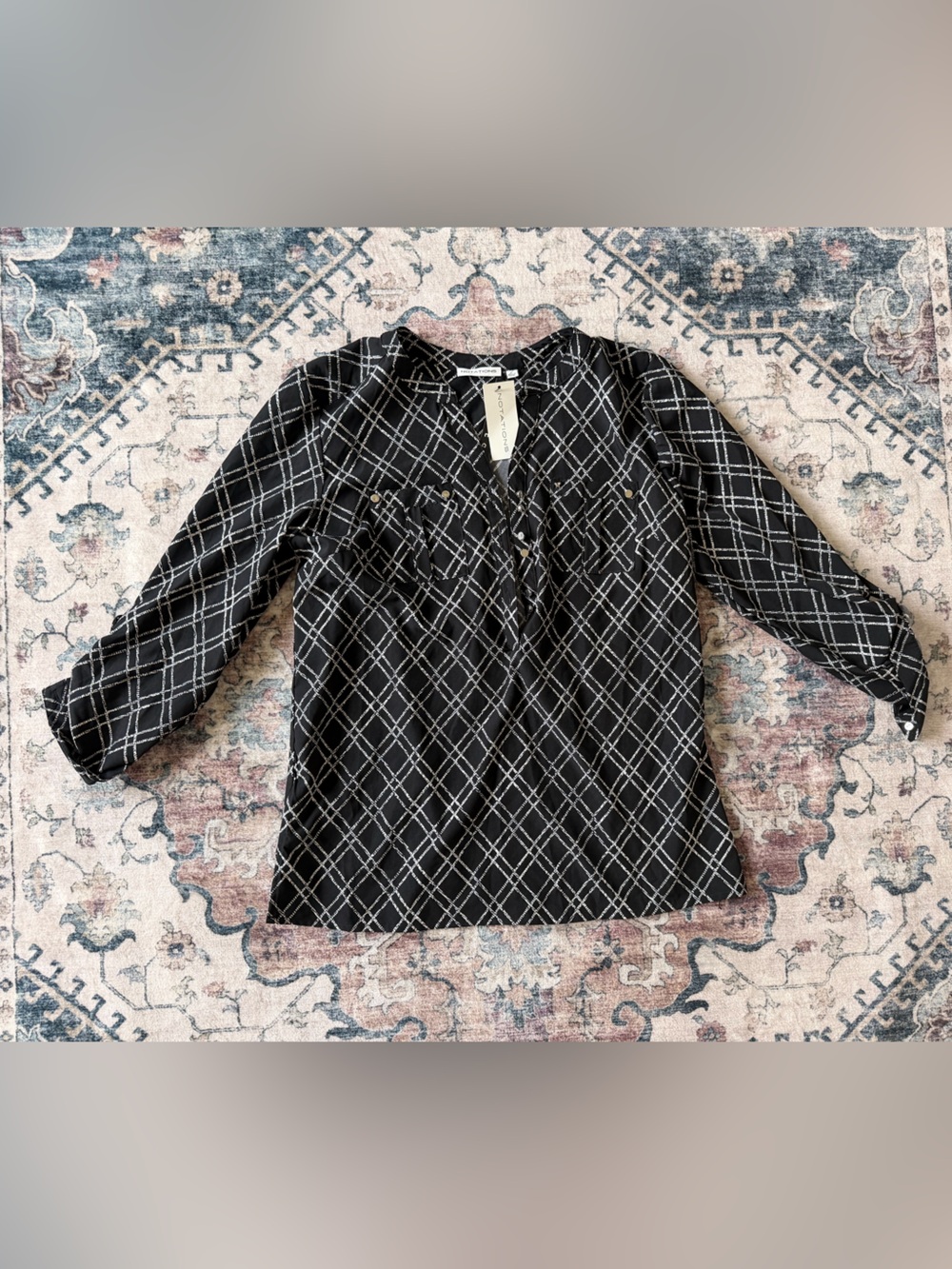 Notations Black and White Grid-Print Button Blouse